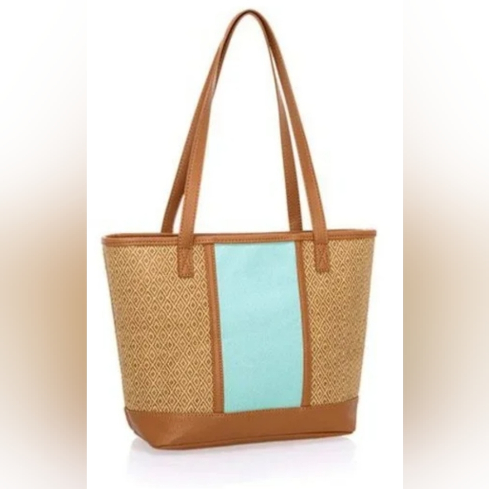 thirty-one Tan Woven Tote with Light Blue Center Panel